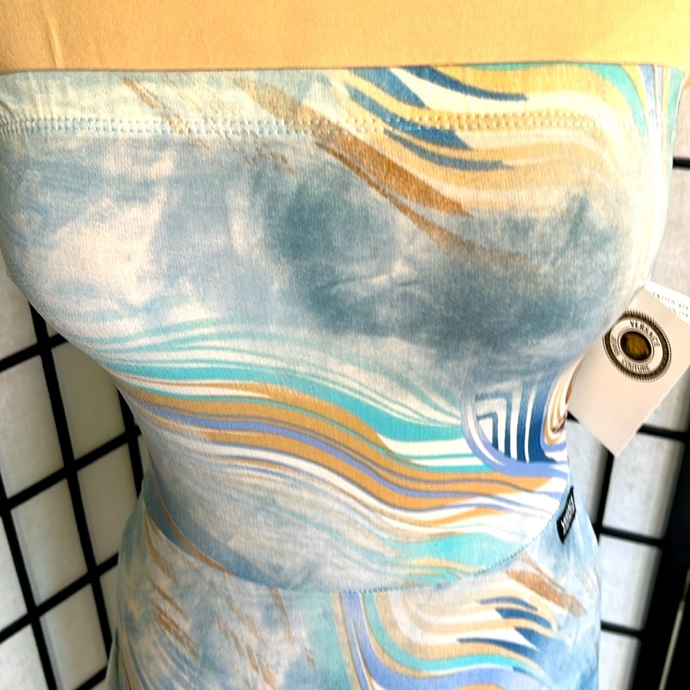 Versace Strapless Blue Marble Dress Handkerchief Hem Dress  S/M